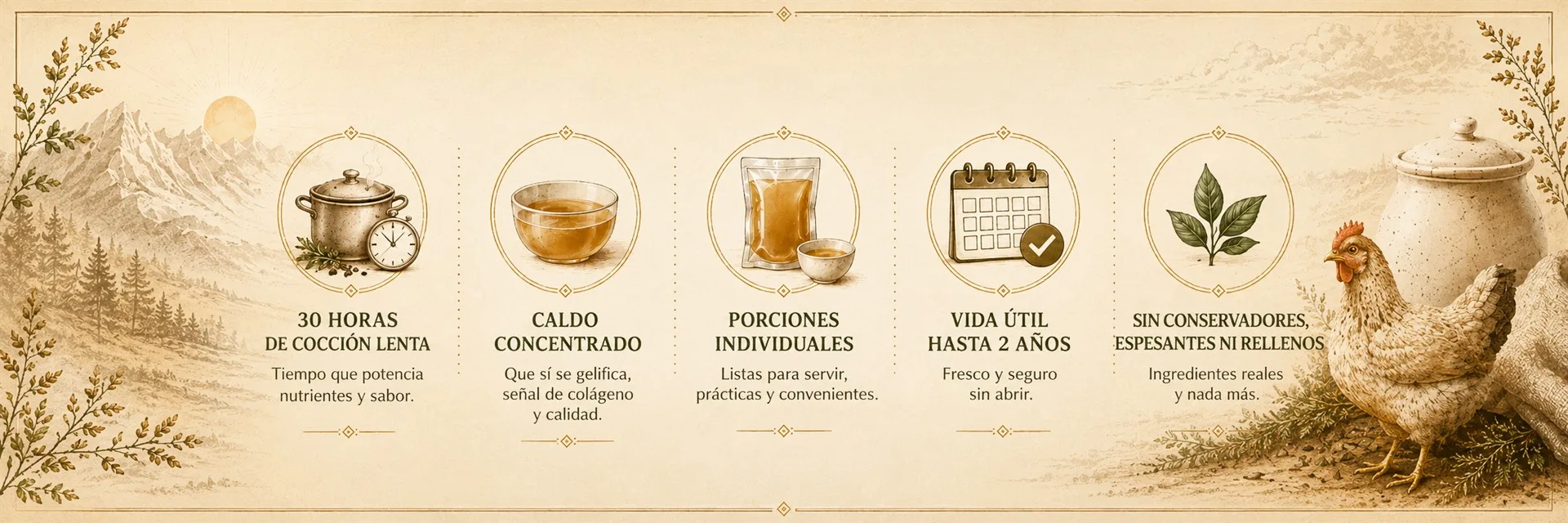 30 horas de cocción lenta: tiempo que potencia nutrientes y sabor. Caldo concentrado: que sí se gelifica, señal de colágeno y calidad. Porciones individuales: listas para servir, prácticas y convenientes. Vida útil hasta 2 años: fresco y seguro sin abrir. Sin conservadores, espesantes ni rellenos: ingredientes reales y nada más.